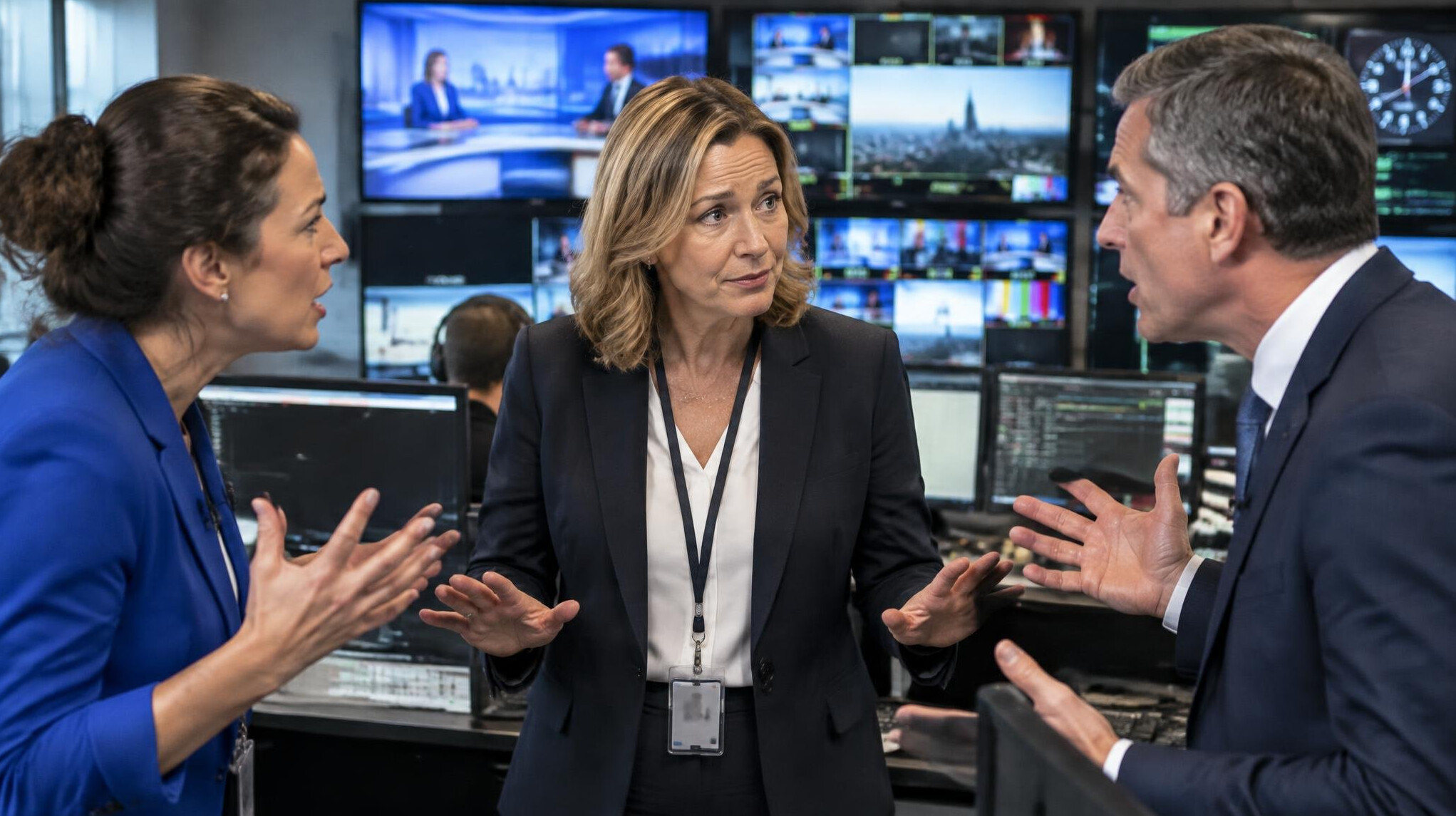 Mediator standing between two broadcasters in a control room