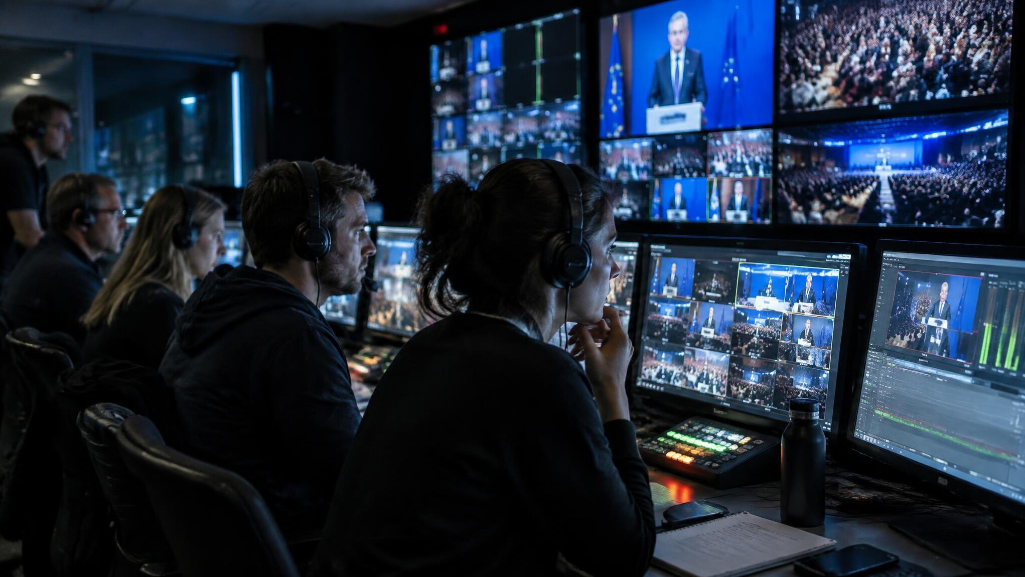 Broadcast control room with technicians monitoring live feeds