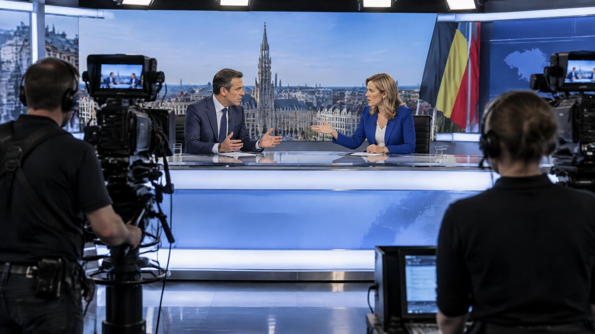 Two presenters in a tense discussion on a live TV studio set